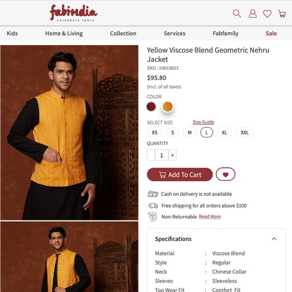 Fabindia Men's Yellow Viscose Blend Geometric Nehru Jacket Size L - Picture 3 of 8